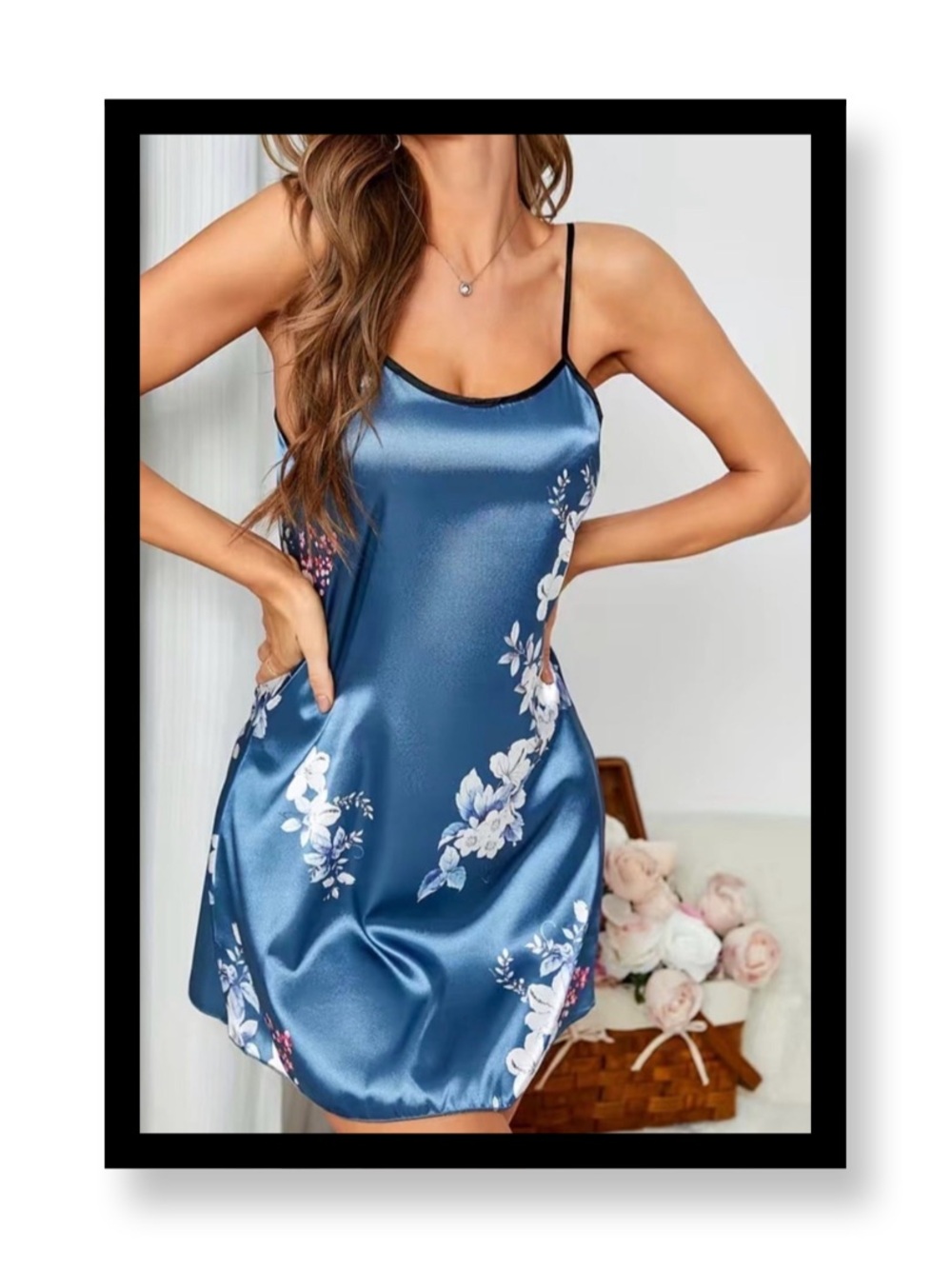 Blue Floral Satin Slip Dress - Women Intimates & Sleepwear